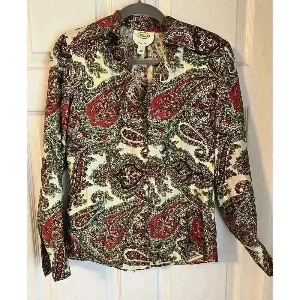 Vintage 100% Silk Paisley Blouse Womens Talbots Luxury Colorful Top